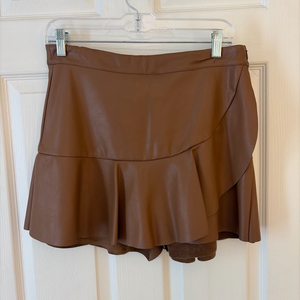 DO+BE Tan Faux Leather Mini Skirt with Ruffle Hem
